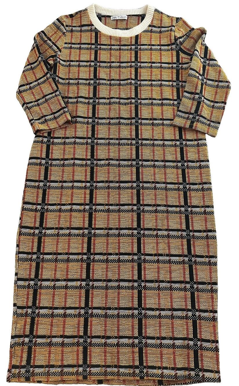 ZARA Golden Yellow Plaid Midi Sweater Dress Small Black Red 3/4 Sleeves